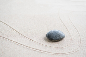 Fototapeta na wymiar Japanese Zen Garden with Pebble with Line on Sand.mini Stone on Beach backgrond Top View and nobody.Ciircle Rock Balance Japan on nature.Simplicity Purity life.Relax Aromatherapy Spa and Yoga.Buddhism