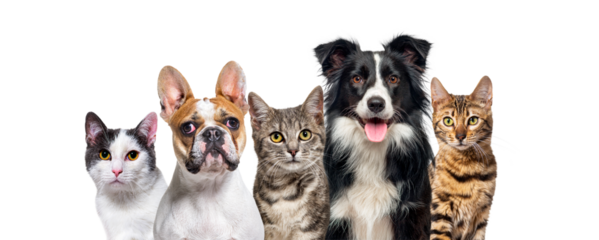 Large group of cats and dogs looking at the camera on golden bac