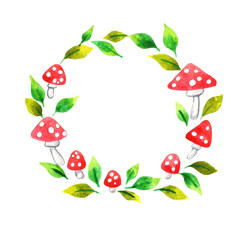Red mushroom with green leaves wreath watercolor border illustration for decoration on forest and nature.