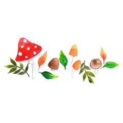 Fototapeta premium Wild mushroom and fungus with leaf watercolor border illustration for decoration on forest and nature.