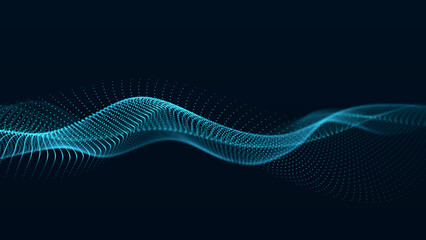 Abstract sound wave web banner. Artificial intelligence expressed by moving particles. 3D rendering.