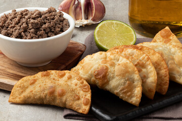 Delicious Brazilian traditional snack meat pastel.