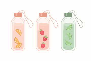 Infused water with fruits in glass bottles on a white background