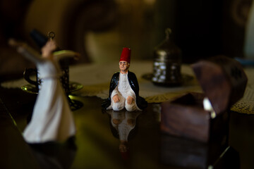 miniature ornament spiritual master dervish sheikh sitting and watching trance whirling dance .....