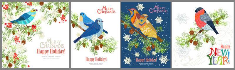 collection of christmas card with cute birds on branches of pine