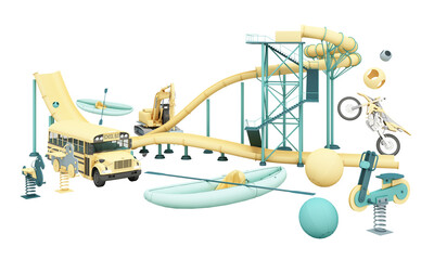 grey roller coaster with school bus and boat in Amusement parks surrounding by a lot of colorful toys in pastel color background. 3d rendering PSD