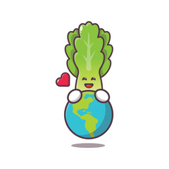 Cute lettuce hugging earth. Cute vegetable icon vector illustration.
