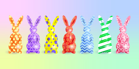 Happy Easter illustration with color bunnies. Decorated 3d figures of rabbits