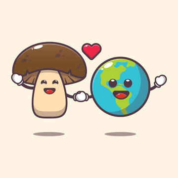 Cute mushroom and earth charater cartoon illustration. Cute vegetable icon vector illustration.