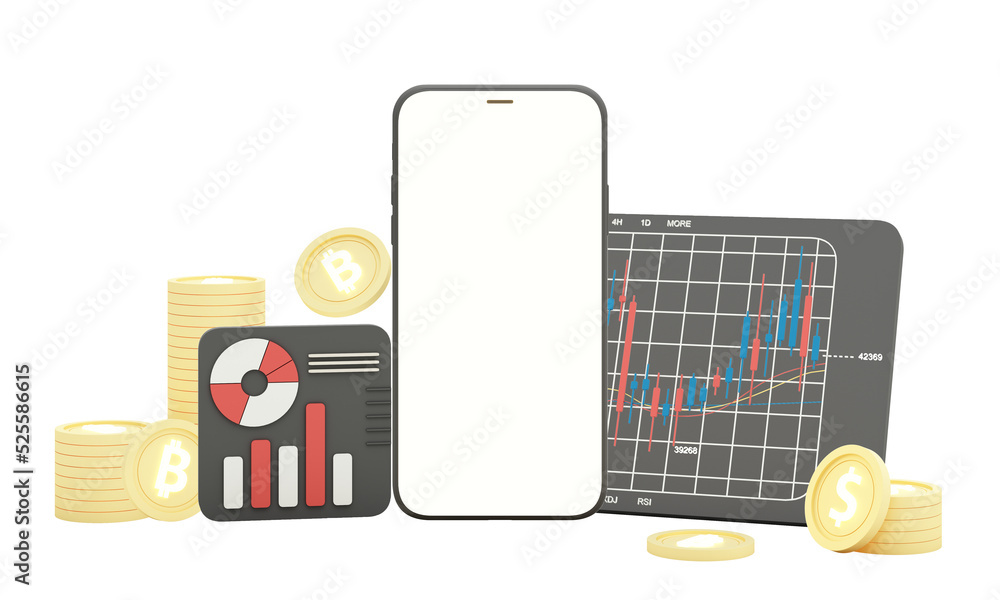 Poster digital currency gold coins it is enclosed around a digital currency chart with bars candlestick pat