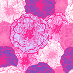 Poppy flower doodle  floral vector seamless pattern summer  fabric print design. Line texture petals