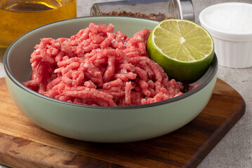 Traditional minced beef preparation. Selective focus.