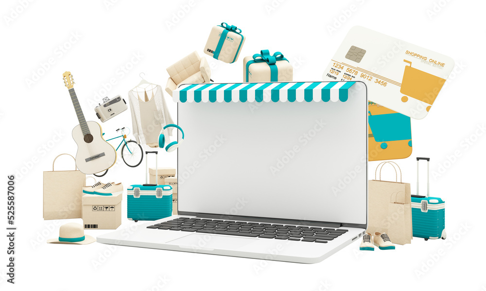 Poster marketplace online illustration, 3d style internet multi vendor store on laptop computer with multi 