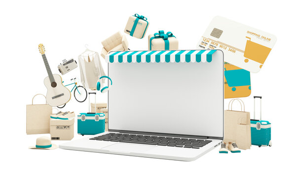 Marketplace Online Illustration, 3d Style Internet Multi Vendor Store On Laptop Computer With Multi Vendor Stores In Green Tones And Gadget On Notebook Screen With Bank Credit Card 3d Rendering PSD