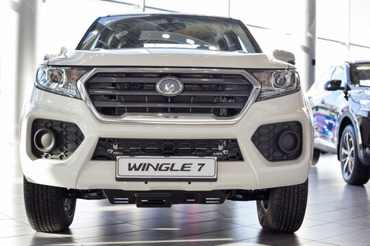 Russia, Izhevsk - February 17, 2021: Great Wall showroom. New modern Wingle 7 pickup in dealer showroom. Front view. Car manufacturer from China.