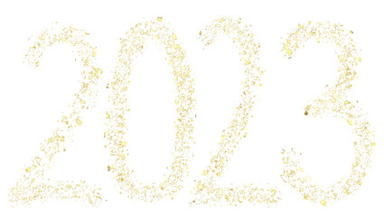 Happy New Year 2023 handwritten text. Golden numbers, gold texture. Isolated png illustration, transparent background. Asset for overlay, montage, collage, greeting, invitation card.	