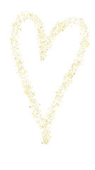 Golden outline heart shape, gold splattered pattern. Isolated png illustration, transparent background. Asset for overlay, montage, collage, texture, greeting card, valentines day.