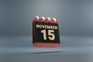 Standing black and red month lined desk calendar with date November 15. Modern design with golden elements, 3d rendering illustration. Blue gray background.
