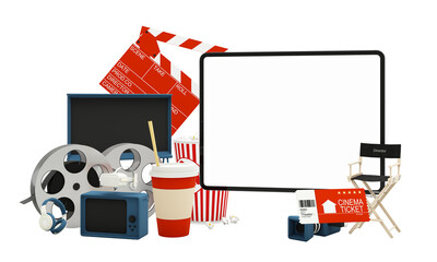 The concept of watching movies online at home during the epidemic with tablet screen for your content Surrounded by movie tickets, Popcorn and drinks with movie making equiment 3d rendering PSD