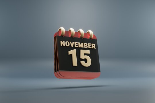 Standing black and red month lined desk calendar with date November 15. Modern design with golden elements, 3d rendering illustration. Blue gray background.