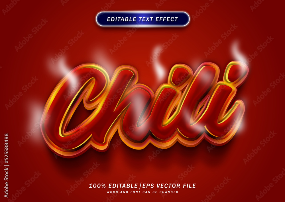 Poster 3d red chili text effect. emboss text and smoke effect.. realistic roast cartoon effect
