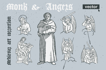 Monk and angels vector engraving style illustration. Medieval art with blackletter calligraphy. - obrazy, fototapety, plakaty