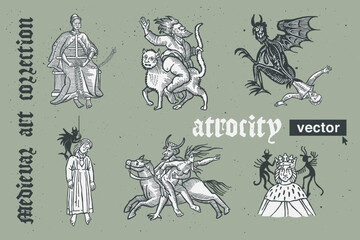 Atrocity vector engraving style illustration. Medieval art with blackletter calligraphy. - obrazy, fototapety, plakaty
