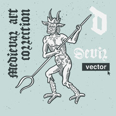 Devil vector engraving style illustration. Medieval art with blackletter calligraphy.