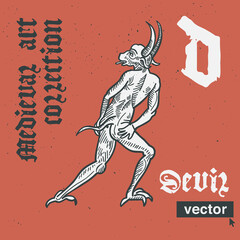 Devil vector engraving style illustration. Medieval art with blackletter calligraphy.