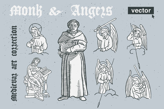 Monk and angels vector engraving style illustration. Medieval art with blackletter calligraphy.
