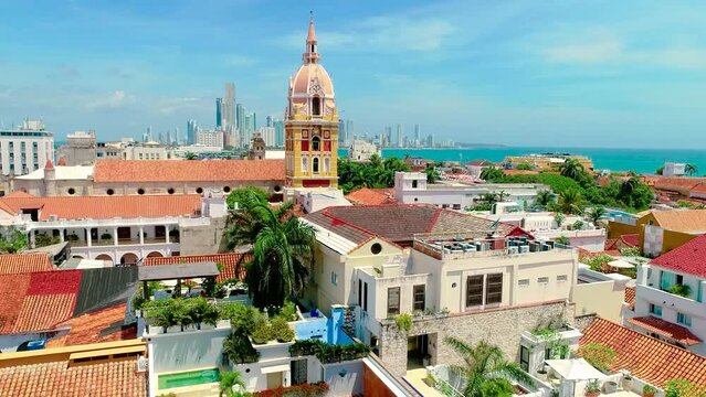 Stunning view of the cathedral tower and colonial houses in cartagena.