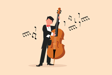 Business flat cartoon drawing double bass player standing with big string instrument. Man musician playing classical music with fingers. Professional contrabassist. Graphic design vector illustration - obrazy, fototapety, plakaty
