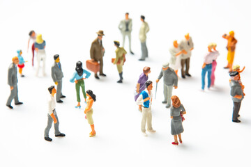 miniature people. different people stand on a white background. communication of society of...