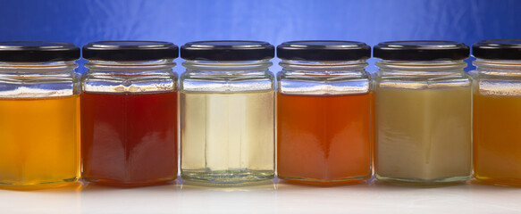 jars with different types and colors of honey on a white blue background. organic vitamin products