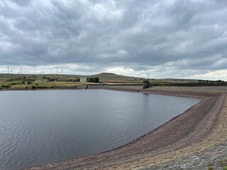 Aerial view of a reservoir with low water levels due to the hot and dry weather in England. Taken in Lancashire. 