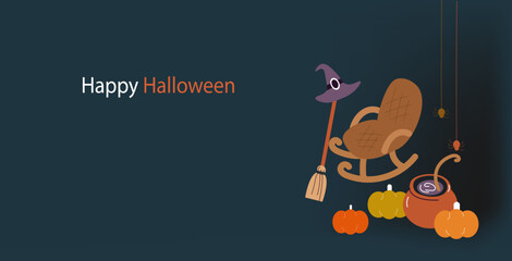 Vector banner cute Halloween, Witch house,  pumpkin, spiders. decorations. Funny Halloween greeting card.