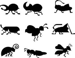 Set of Insects different Poses Flat vector Silhouettes