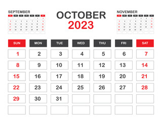 Calendar 2023 template minimal style, October 2023 template, Desk calendar 2023 year, Wall calendar, Week starts on sunday, Planner, Printing media, poster, advertisement, Red background vector