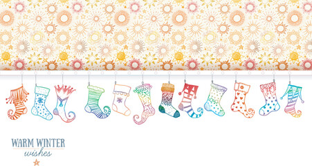 Greeting card with stars and hanging doodle christmas stockings. Vector doodle illustration
