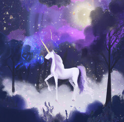 Unicorn in a magical fantasy forest digital drawing illustration, fabulous colors, moon in the sky and stars. Large print for poster, card, canvas, cover, banner, fabric.