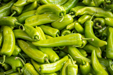 Long pod of green peppers lots of vegetables base set of fruits shiny juicy background design vintage