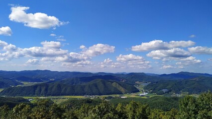 hiking. mountains in korea. view of mountain peaks and blue sky.