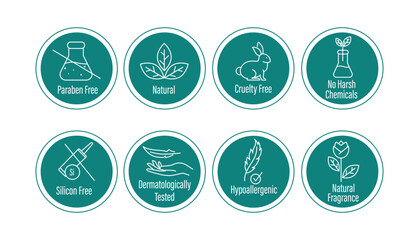 paraben free, natural, cruelty free, o harsh chemicals, silicon free, dermatologically tested, hypoallergenic, natural fragrance icon vector illustration 