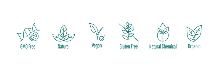 gmo free, natural, vegan, gluten free, natural chemical, organic icon set vector illustration  - obrazy, fototapety, plakaty