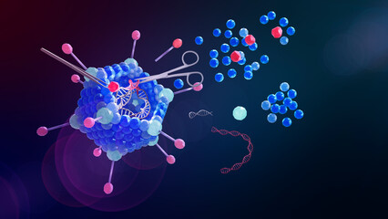 Genetic engineering, genetically modified virus can be used for gene therapy or vaccinations. Here an adenovirus with manipulated double-stranded DNA and new proteins. 3d conceptual illustration
