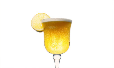 A fresh yellow beer inside a fancy glass, with many bubbles, foam on top, together with a lemon slice. Isolated.
