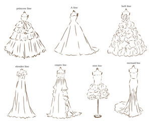 いろいろな種類のウェディングドレス　セット　線画