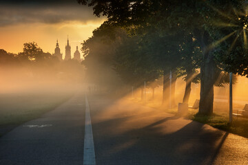 A foggy, sunny, autumn morning on the meadows in Krakow. Mglisty, słoneczny, jesienny poranek na...