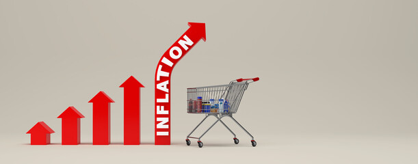 shopping cart with increasing inflation - 3D illustration