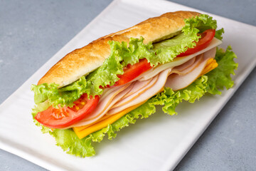 Cheese, ham, lettuce and tomato slices in an appetizing tasty sandwich.